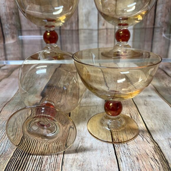 Hand Blown Ball Stem Sherbet Glasses~4~Gold Champagne Glass with Amber Ball Stem - Picture 4 of 6
